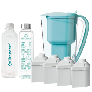 Pack Alcalinidade com 4 filtros (kit jarra + 3 filtros adicionais para 1600 litros) + Garrafa de Borossilicato