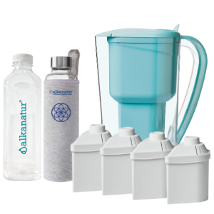 Pack Alcalinidade com 4 filtros (kit jarra + 3 filtros adicionais para 1600 litros) + Garrafa de Borossilicato