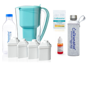 Pack Alcalinidade com 4 filtros (kit jarra + 3 filtros adicionais para 1600 litros) + Garrafa de Borossilicato
