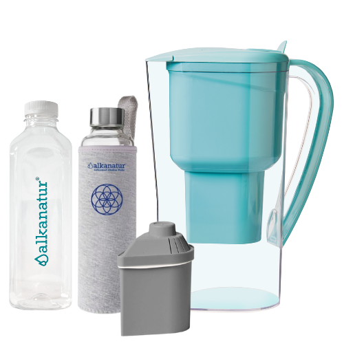 Jarra Alkanatur Drops com 1 filtro para 400 litros com Zeolita Clinoptilolita + Garrafa de Borossilicato (500ml)