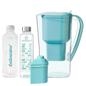 Jarra Alkanatur Drops com 1 filtro para 400 litros de Baixa Emissão de Magnésio para águas duras + Garrafa de Borossilicato (500ml)