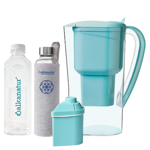 Jarra Alkanatur Drops com 1 filtro para 400 litros de Baixa Emissão de Magnésio para águas duras + Garrafa de Borossilicato (500ml)