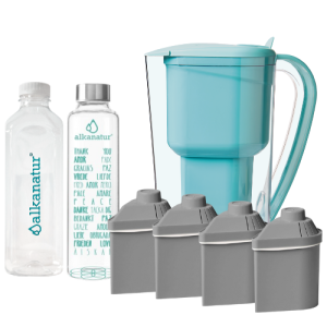 Pack Alcalinidade com 4 filtros com Zeolita Clinoptilolita (kit jarra + 3 filtros adicionais para 1600 litros) + Garrafa de Borossilicato