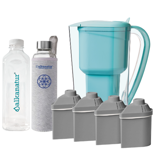Pack Alcalinidade com 4 filtros com Zeolita Clinoptilolita (kit jarra + 3 filtros adicionais para 1600 litros) + Garrafa de Borossilicato