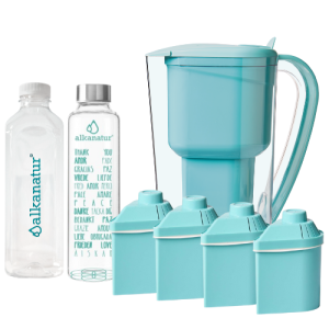 Pack Alcalinidade com 4 filtros de Baixa Emissão (kit jarra + 3 filtros adicionais para 1600 litros) + Garrafa de Borossilicato