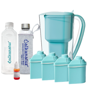 Pack Alcalinidade com 4 filtros de Baixa Emissão (kit jarra + 3 filtros adicionais para 1600 litros) + Garrafa de Borossilicato