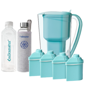 Pack Alcalinidade com 4 filtros de Baixa Emissão (kit jarra + 3 filtros adicionais para 1600 litros) + Garrafa de Borossilicato