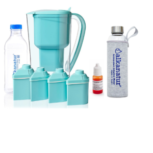 Pack Alcalinidade com 4 filtros de Baixa Emissão (kit jarra + 3 filtros adicionais para 1600 litros) + Garrafa de Borossilicato