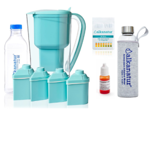 Pack Alcalinidade com 4 filtros de Baixa Emissão (kit jarra + 3 filtros adicionais para 1600 litros) + Garrafa de Borossilicato