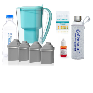 Pack Alcalinidade com 4 filtros com Zeolita Clinoptilolita (kit jarra + 3 filtros adicionais para 1600 litros) + Garrafa de Borossilicato